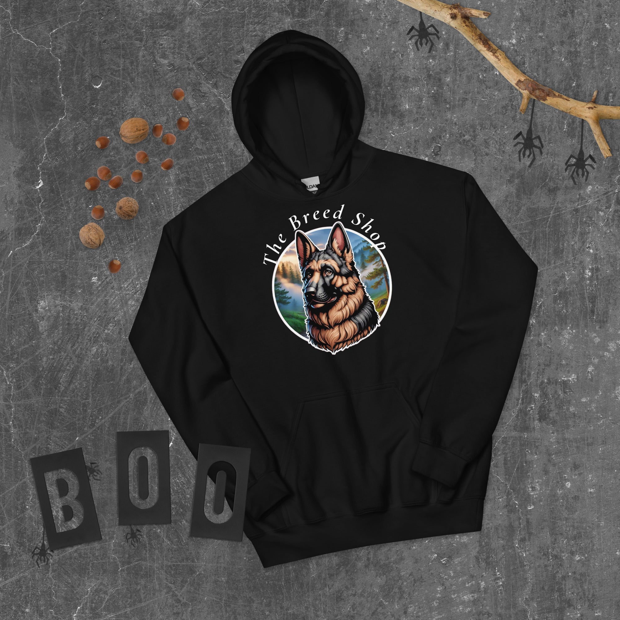 German Shepherd hoodie with mountain artwork