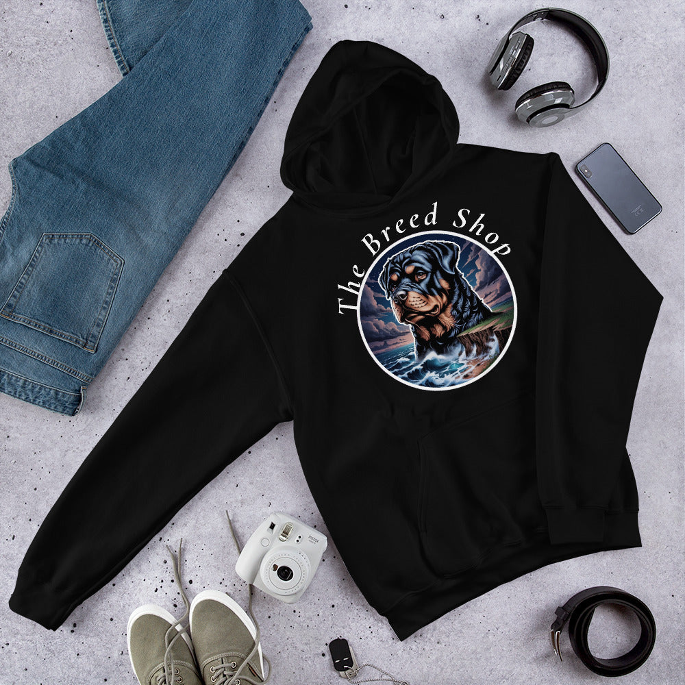 Rottweiler Ocean Hoodie — Rottie dog mom gift, premium black hoodie with original stormy ocean Rottweiler artwork by The Breed Shop
