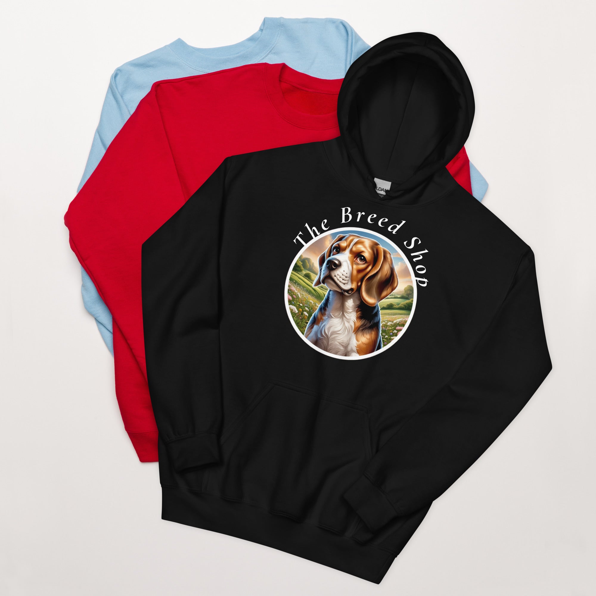 Beagle Countryside Hoodie — Beagle dog mom gift, premium black hoodie with original English countryside Beagle artwork by The Breed Shop
