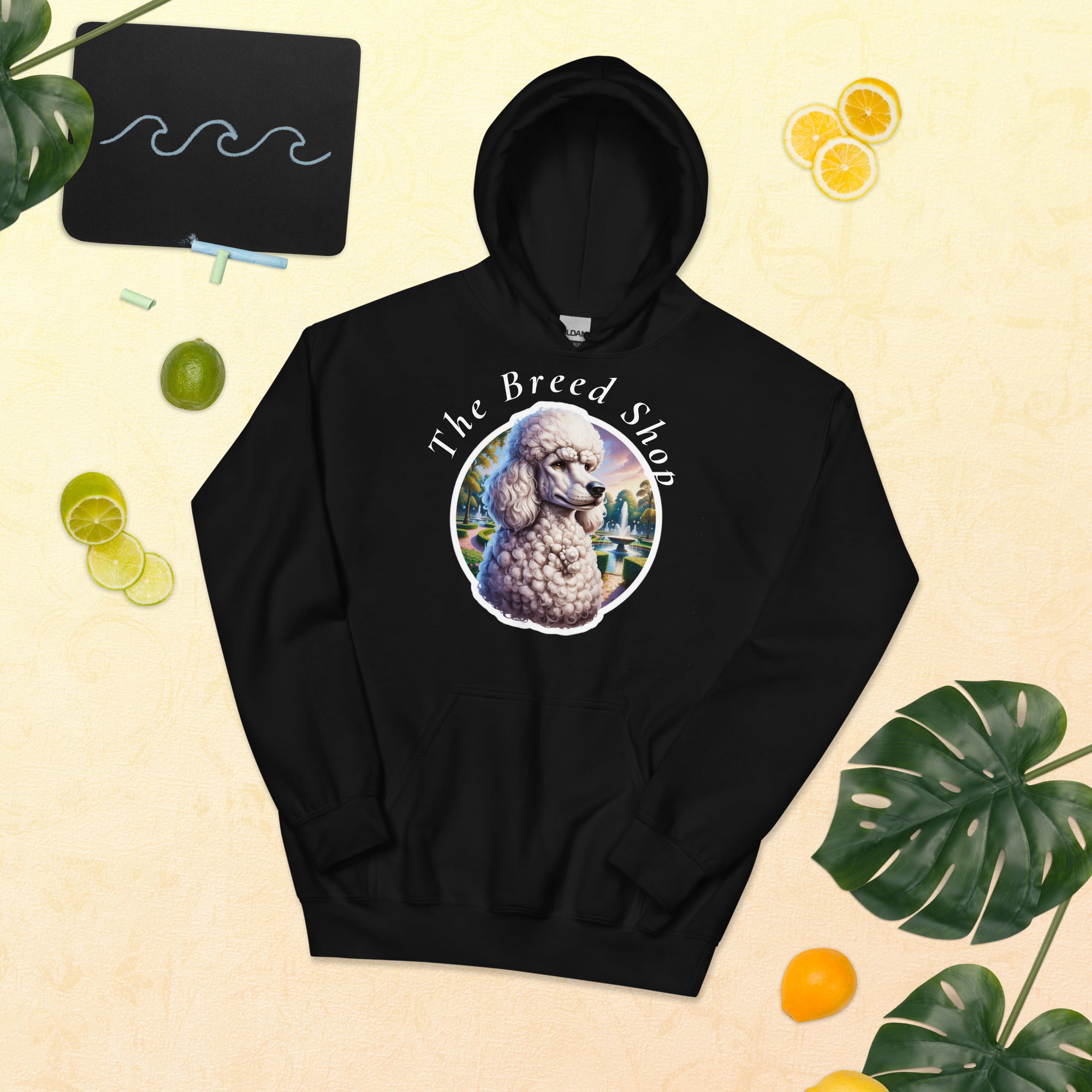 Poodle French Garden Hoodie — Poodle dog mom gift, premium black hoodie with original French garden Poodle artwork by The Breed Shop
